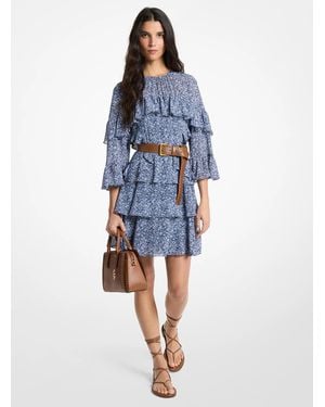 Michael Kors Floral Print Georgette Ruffle Mini Dress - Blue