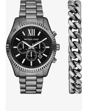Michael Kors Mkset De Regalo Con Reloj Lexington Oversize Y Pulsera En Tono Plomizo - Negro