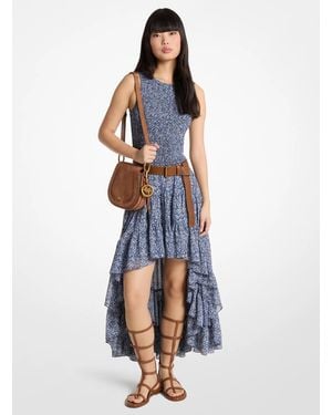 MICHAEL Michael Kors Smocked Floral Print Georgette High-Low Dress - Blue