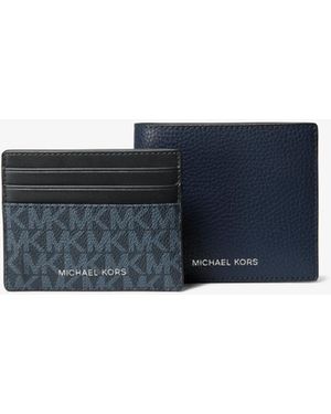 Michael Kors Outlet Mk Pebbled Leather Billfold Wallet And Signature Logo Card Case Gift Set - Blue