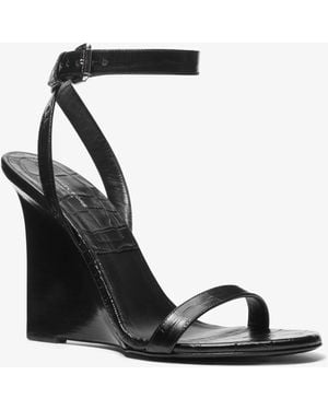Michael Kors Claudia Crocodile Embossed Leather Wedge Sandal - White