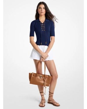 MICHAEL Michael Kors Mk Ribbed Stretch Viscose Lace-Up Polo Top - Blue