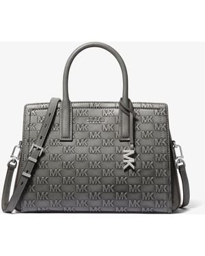MICHAEL Michael Kors Laila Medium Logo Embossed Burnished Leather Satchel - Grey