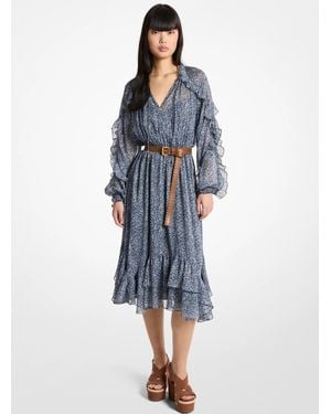 MICHAEL Michael Kors Mk Ruffled Metallic Floral Print Georgette Midi Dress - Blue