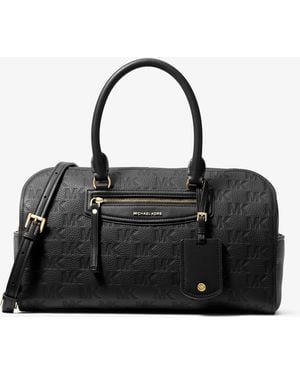 MICHAEL Michael Kors Mk Jet Set Travel Medium Logo Embossed Leather Duffel Crossbody Bag - Black