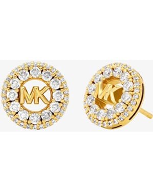 Michael Kors Mk Fulton Precious Metal-Plated Pavé Logo Charm Stud Earrings - White