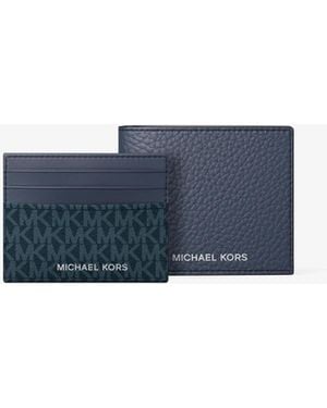 Michael Kors Outlet Mk Pebbled Leather Billfold Wallet And Signature Logo Card Case Gift Set - Blue