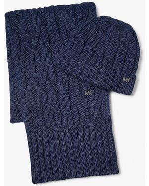 Michael Kors Mk Cable-Knit Beanie Hat And Scarf Set - Blue