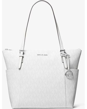 Michael Kors Outlet Mk Jet Set Medium Signature Logo Top-Zip Tote Bag - White