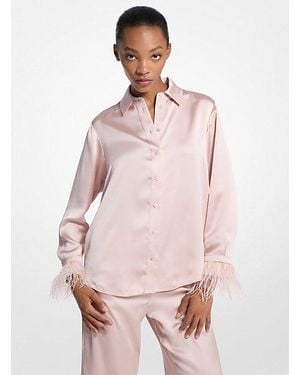 Michael Kors Feather Trim Satin Pajama Shirt - Pink