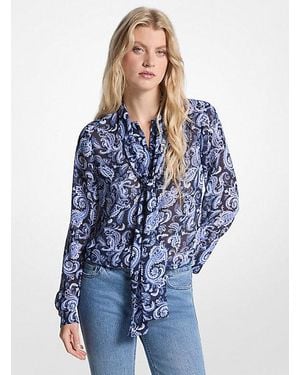 Michael Kors Paisley Print Georgette Tie-Neck Blouse - Blue