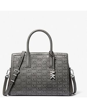 Michael Kors Laila Medium Logo Embossed Burnished Leather Satchel - Gray