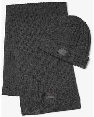 Michael Kors Mk Ribbed Knit Beanie Hat And Scarf Set - Black