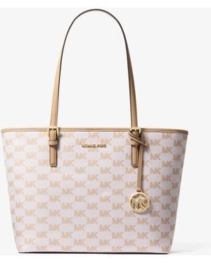 Michael Kors Outlet Mk Jet Set Medium Logo Jacquard Tote Bag - Natural
