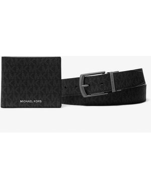 Michael Kors Outlet Mk Signature Logo Billfold Wallet And Belt Gift Set - White