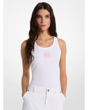 Michael Kors Outlet Mk Embellished Logo Ribbed Cotton Blend Tank Top - White