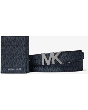 Michael Kors Signature Logo Tri-Fold Card Case And Belt Gift Set - Blue