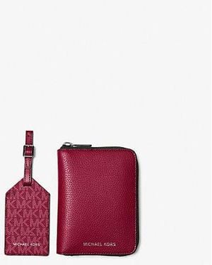 Michael Kors Pebbled Leather Passport Wallet And Signature Logo Luggage Tag Gift Set - Red