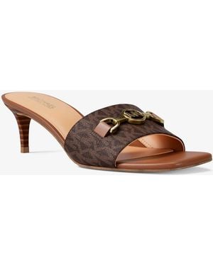 Michael Kors Outlet Mk Natalie Signature Logo Kitten Sandal - Brown