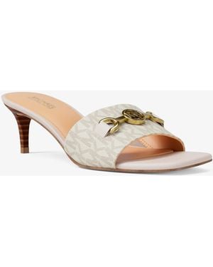 Michael Kors Outlet Mk Natalie Signature Logo Kitten Sandal - Natural