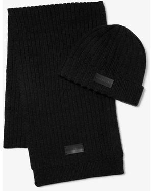 Michael Kors Mk Ribbed Knit Beanie Hat And Scarf Set - Black