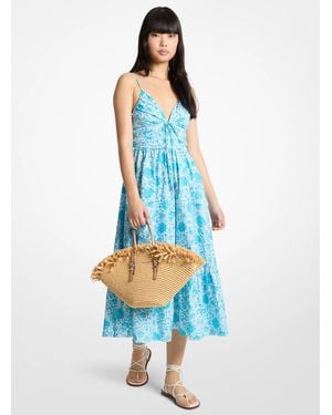 Michael Kors Floral Print Cotton Poplin Midi Dress - Blue