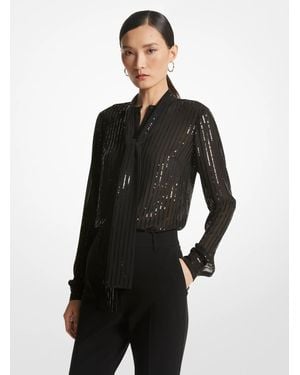 MICHAEL Michael Kors Mk Pinstripe Sequined Georgette Tie-Neck Blouse - Black