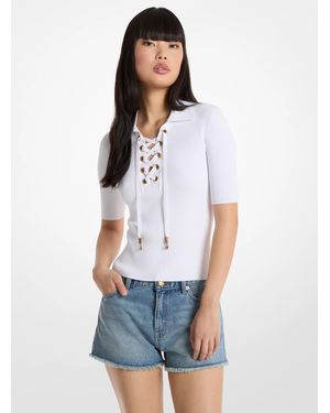 MICHAEL Michael Kors Mk Ribbed Stretch Viscose Lace-Up Polo Top - White