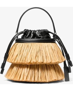 Michael Kors Ischia Mini Leather And Fringe Bucket Bag - Natural