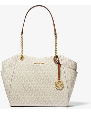 Michael Kors Outlet Mk Jet Set Large Signature Logo Shoulder Bag - Natural