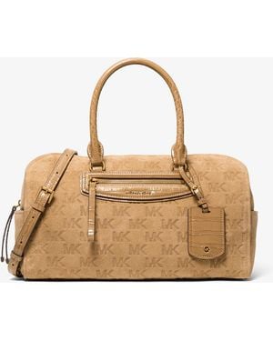 Michael Kors Jet Set Travel Medium Logo Embossed Suede Duffel Crossbody Bag - Natural