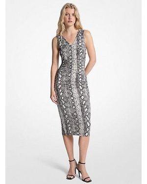 Michael Kors Snake Print Stretch Matte Jersey Ruched Midi Dress - White