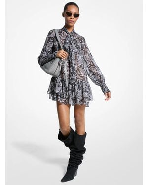 MICHAEL Michael Kors Metallic Paisley Georgette Tie-Neck Dress - Grey
