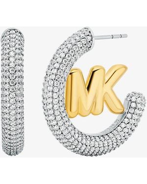 Michael Kors Mk Orecchini Grandi A Cerchio Bicolore Con Logo E Pavé - Bianco