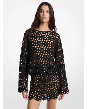 Michael Kors Mirror-Embellished Floral Crochet Top - Black