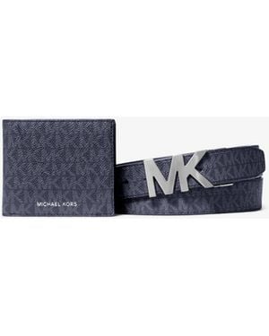 Michael Kors Outlet Mk Set Regalo Con Portafoglio Con Logo E Cintura Reversibile - Bianco