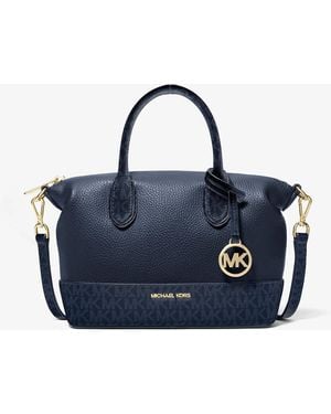 Michael Kors Outlet Mk Hyde Small Pebbled And Signature Logo Satchel - Blue