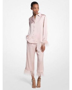 Michael Kors Feather Trim Satin Pajama Pants - Pink