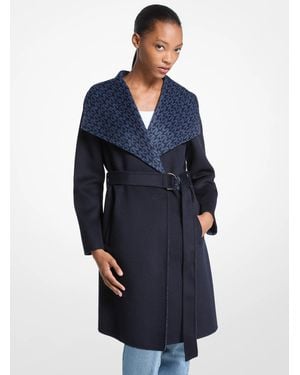 Michael Kors Outlet Mk Signature Logo Trim Wool Blend Coat - Blue
