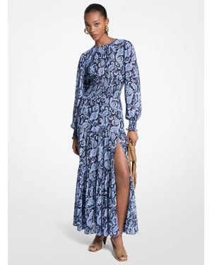 Michael Kors Paisley Print Smocked Georgette Maxi Dress - Blue