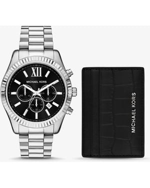 Michael Kors Lexington Chronograph Stainless Steel Watch And Card Case Gift Set 44mm - Black