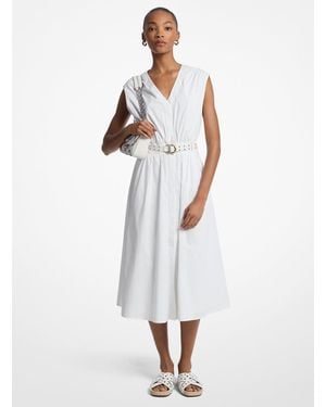 Michael Kors Mk Stretch Cotton Poplin Belted Midi Dress - White