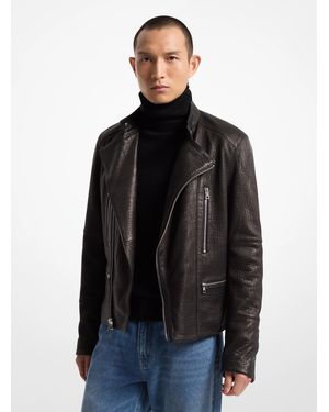 Michael Kors Mk Crocodile Embossed Leather Biker Jacket - Black