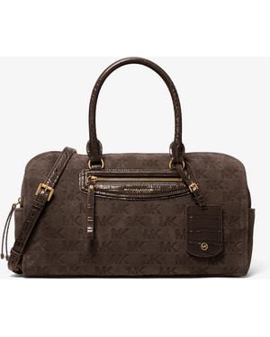 MICHAEL Michael Kors Michael Kors Jet Set Travel Medium Logo Embossed Suede Duffel Crossbody Bag - Brown
