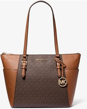 Michael Kors Outlet Mk Charlotte Large Logo And Leather Top-Zip Tote Bag - Brown