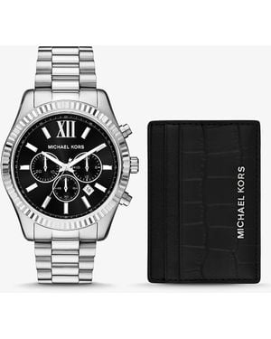 Michael Kors Mkset De Regalo Con Reloj Lexington Oversize En Tono Y Tarjetero De Piel Con Motivo De Cocodrilo En Relieve - Negro