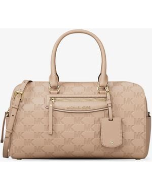 MICHAEL Michael Kors Mk Jet Set Travel Medium Logo Embossed Leather Duffel Crossbody Bag - Natural