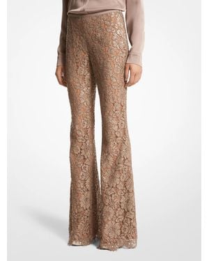 Michael Kors Mk Hand-Embroidered Sequin Floral Lace Flared Trousers - Brown