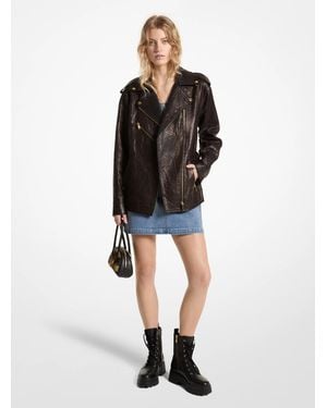MICHAEL Michael Kors Mk Oversized Crinkled Leather Moto Jacket - Black
