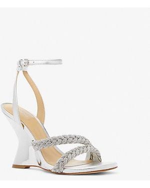 Michael Kors Nadina Embellished Metallic Leather Wedge Sandal - White